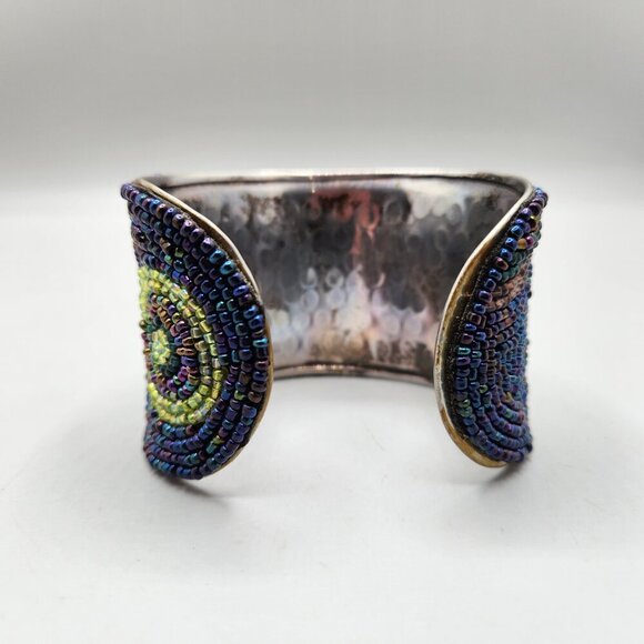Seed Bead Peacock Toned Hammered Metal Bracelet Bangle Cuff 2" Adjusts to Fit - Picture 5 of 8